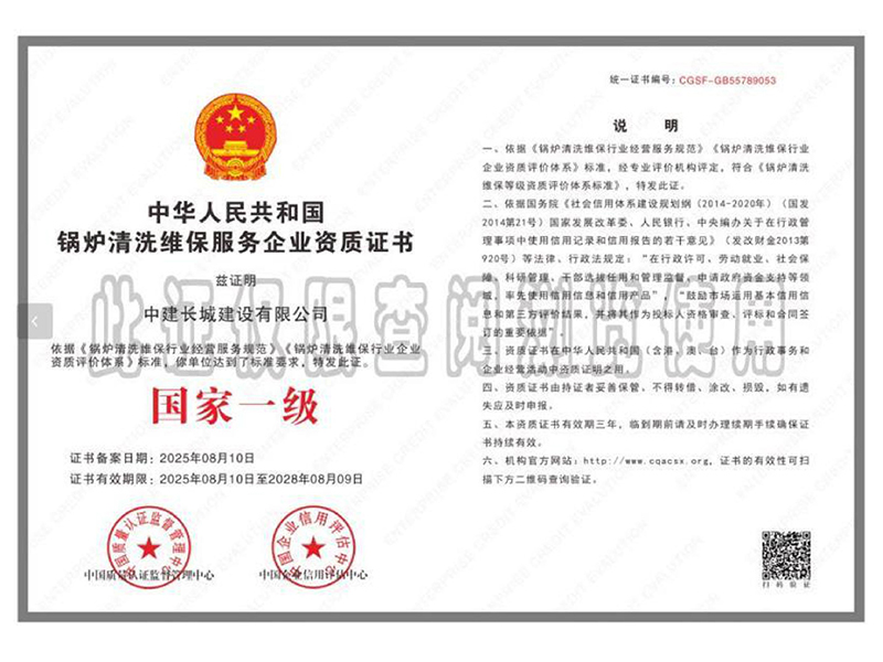 锅炉清洗维保服务企业资质证书